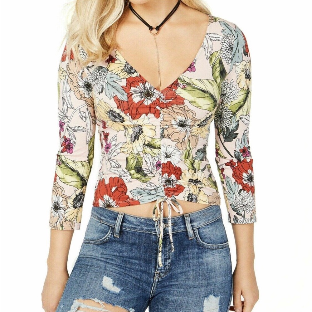 Guess Erie Top S Small Floral Crop V Neck Stretch 3/4‎ Sleeve 2000’s Style